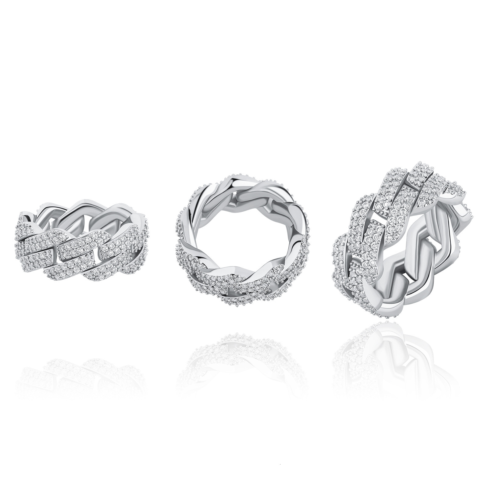 Unisex Wide Cuban Chain Moissanite Band Ring, S925 Solid Silver Full Paved VVS Moissanite Hip Hop Bling Finger Jewelry, 2 Colors Available - view 7