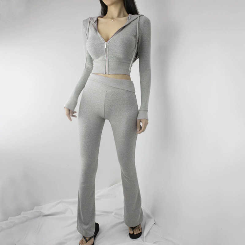 Slimming, sexy and flattering sportswear set, women's hooded zipper short coat + flared pants W261007 - view 4