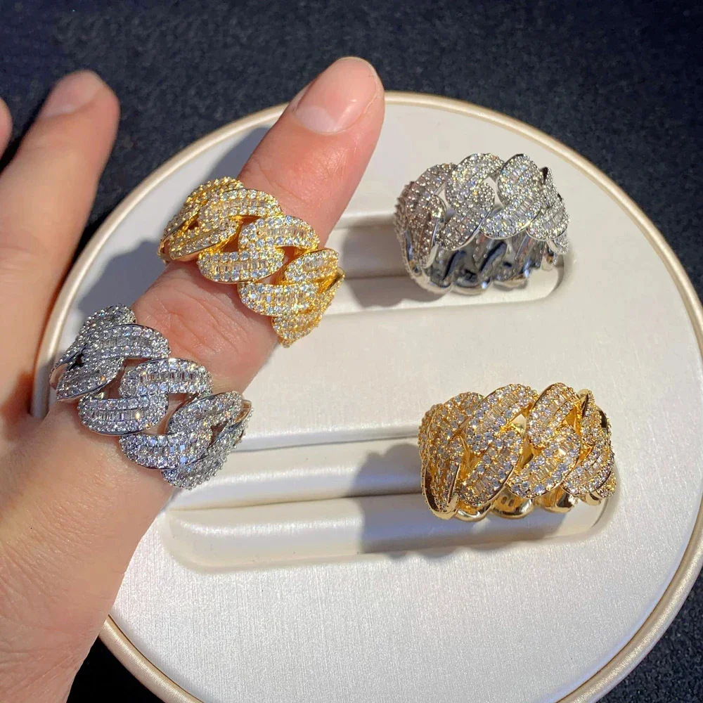 Unisex Wide Cuban Chain Moissanite Band Ring, S925 Solid Silver Full Paved VVS Moissanite Hip Hop Bling Finger Jewelry, 2 Colors Available - view 3