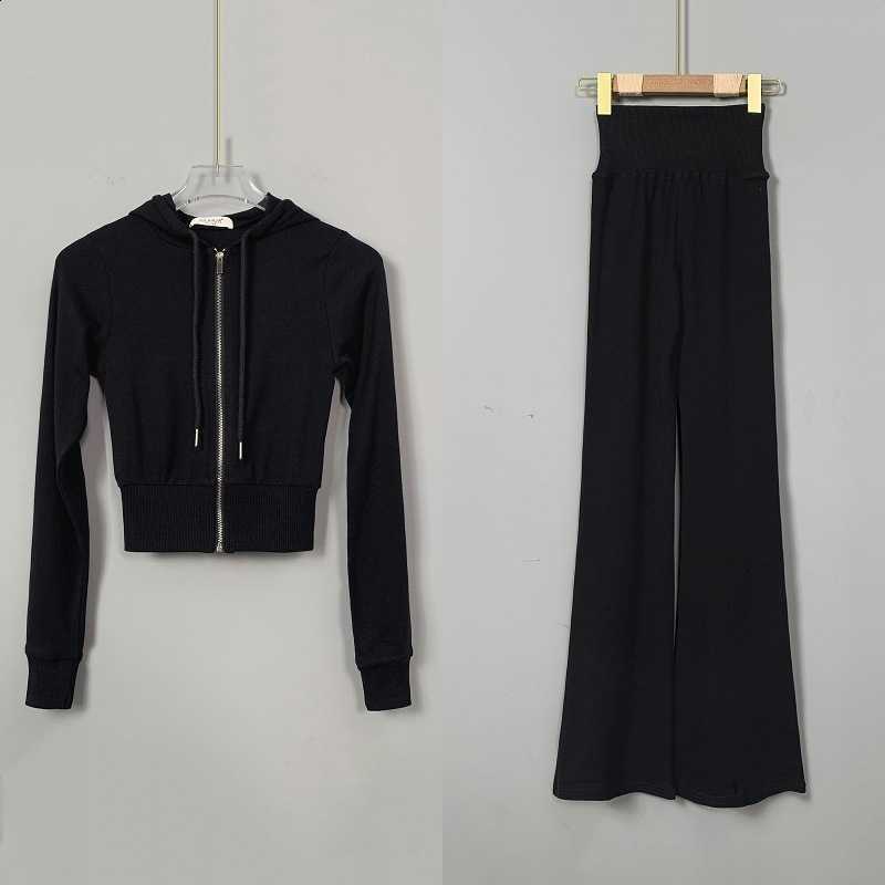Slimming, sexy and flattering sportswear set, women's hooded zipper short coat + flared pants W261007 - view 6
