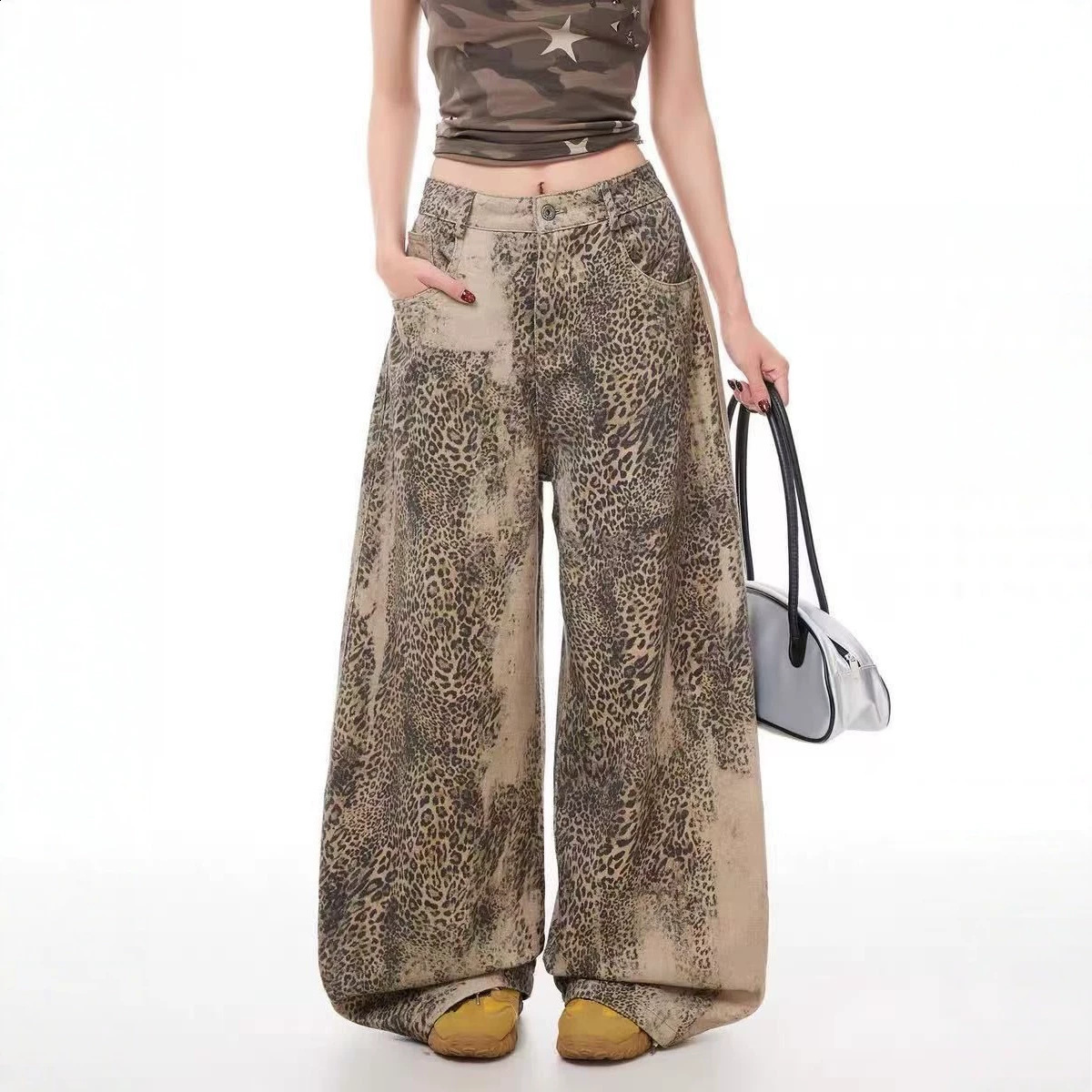 Womens Jeans Spring Retro E Girl Jeans Color Block Embroidered Distressed Deer Polka Dot Print Wide Leg Floor Length Pants 260609 - view 6