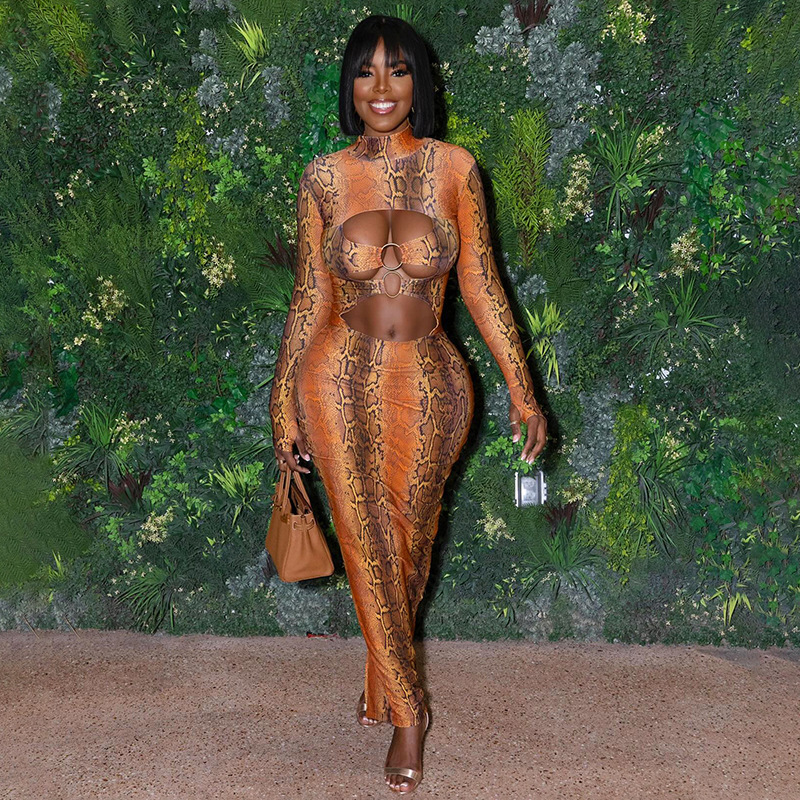 Weird Puss Sexy Snakeskin Maxi Dress Women Chest Hollow Metal Ring Turtleneck Peach Hip Hipster Street Stretch Skinny Bodycon 260710 - view 3