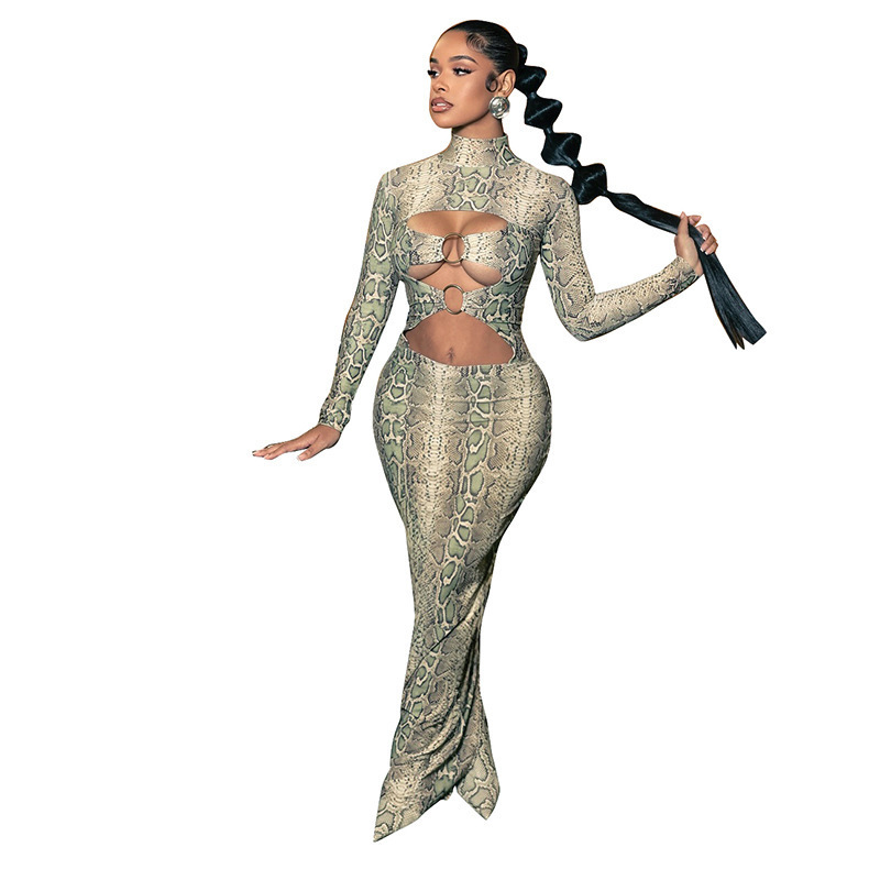 Weird Puss Sexy Snakeskin Maxi Dress Women Chest Hollow Metal Ring Turtleneck Peach Hip Hipster Street Stretch Skinny Bodycon 260710 - view 6