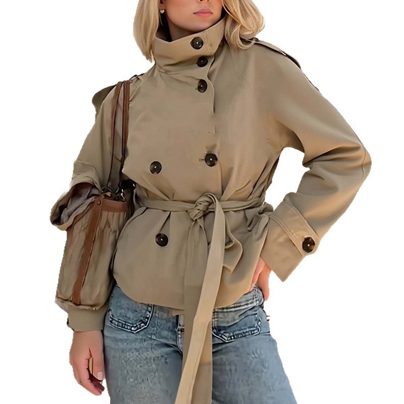 Fashion Belt Short Trench Coat Women Stand Collar Double Breasted Long Sleeve Jacket 2026 Spring Autumn Lady Street Outwear 251215 - view 6
