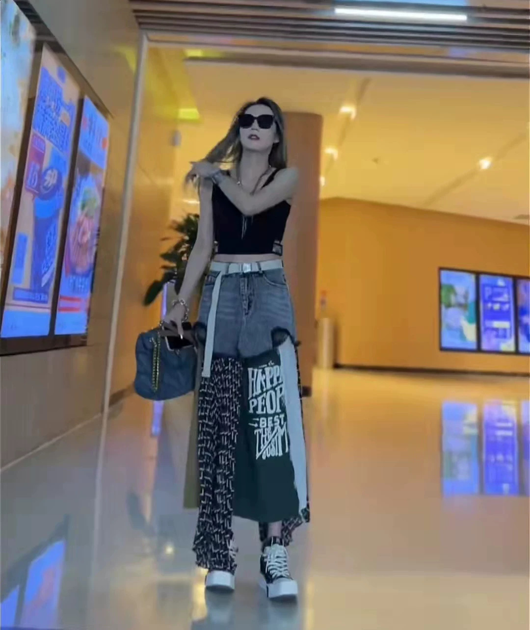 Getspring Women Skirt Long Patchwork Denim Stitching Irregular High Waist Loose Leisure Asymmetrical Pleated 240321 - view 8