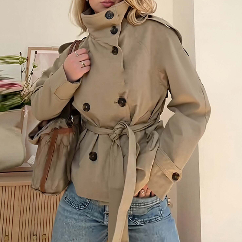 Fashion Belt Short Trench Coat Women Stand Collar Double Breasted Long Sleeve Jacket 2026 Spring Autumn Lady Street Outwear 251215 - view 8