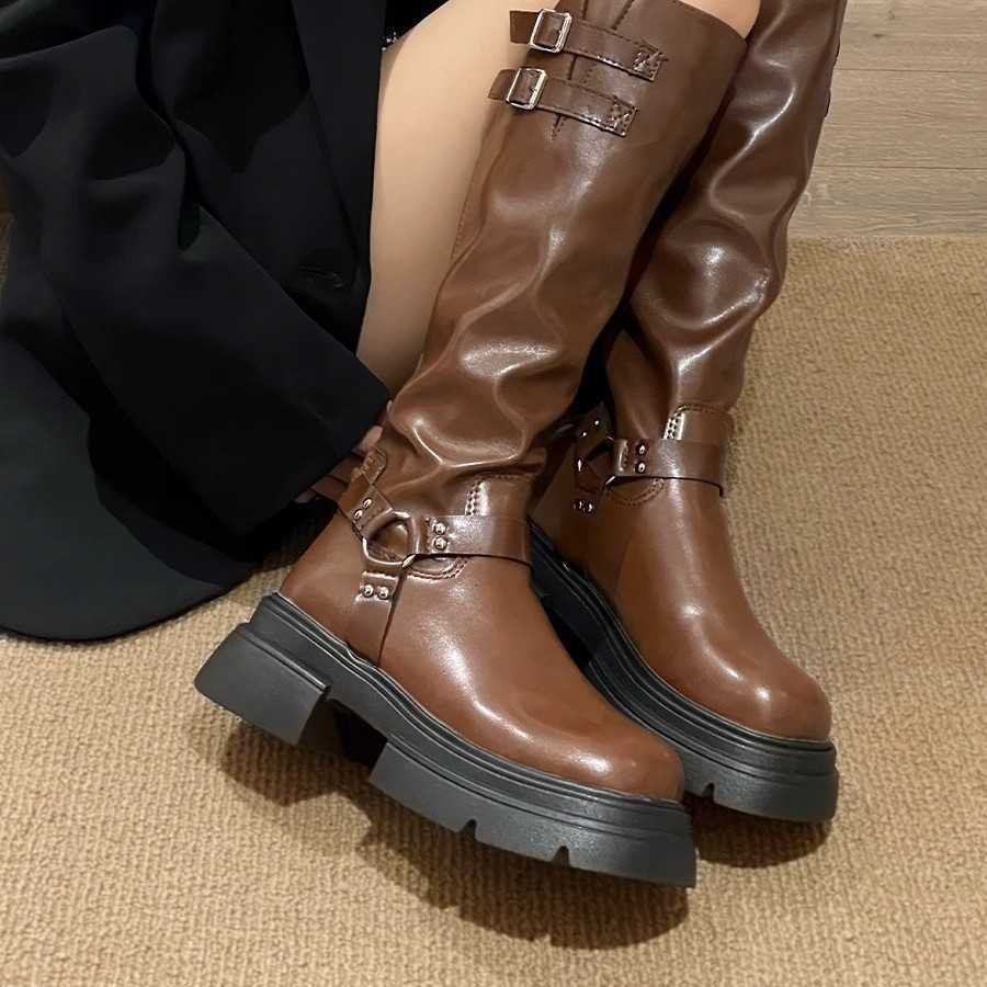 Fall/Winter New Style Ankle Boots for Women, Fashionable and Versatile, Retro Leather Buckle, Brown Color, Thick-soled Knight Boots H260828 - view 5
