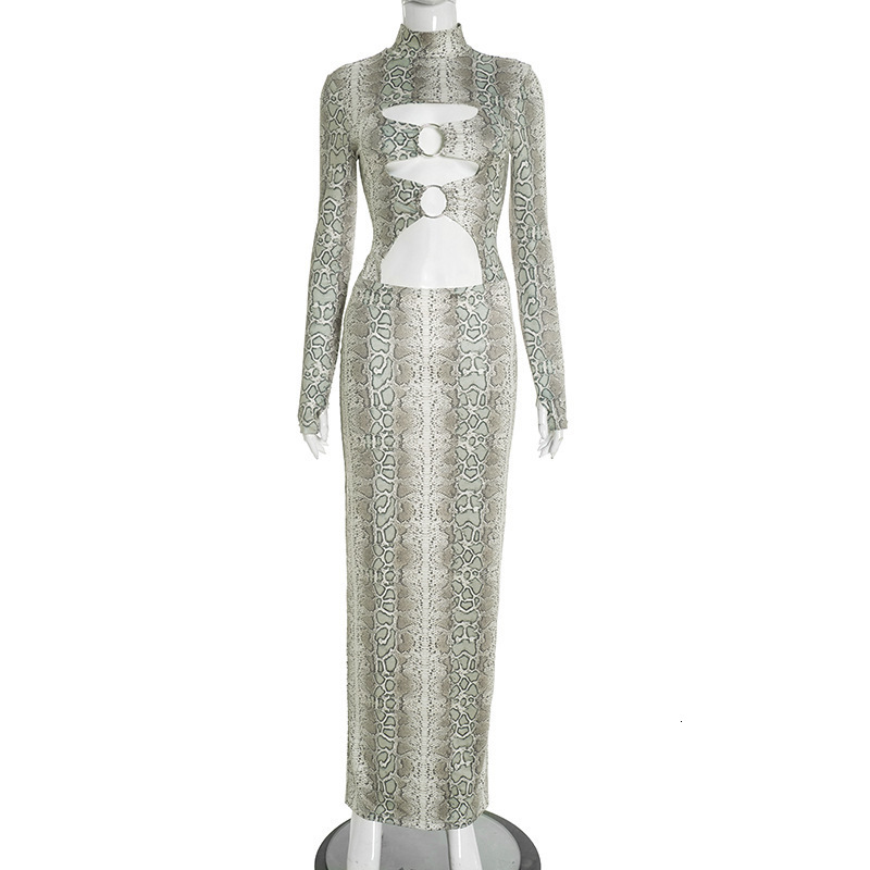 Weird Puss Sexy Snakeskin Maxi Dress Women Chest Hollow Metal Ring Turtleneck Peach Hip Hipster Street Stretch Skinny Bodycon 260710 - view 7
