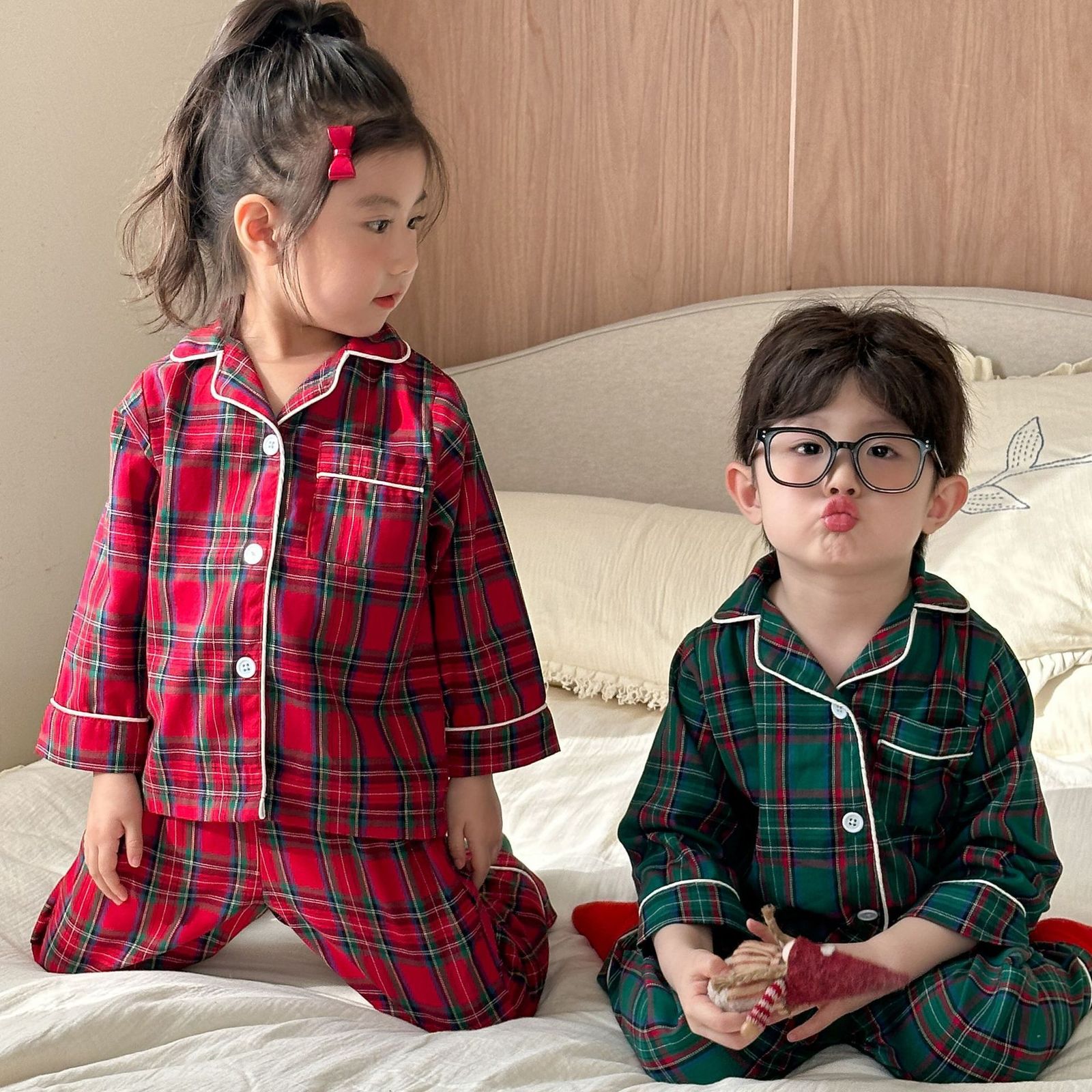 Children's pajamas boys' plaid spring/autumn set girls' long-sleeved set baby loungewear 251204
