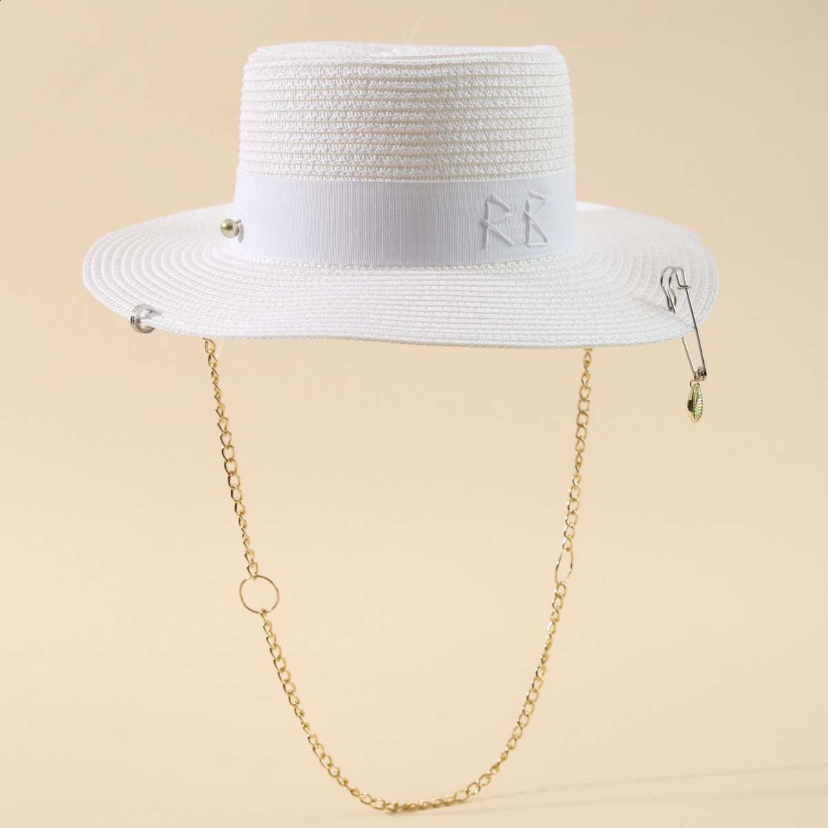 Straw Hats for Women Fashionable RB Letter Elegant Holidays Boater Hat Summer Flat Top Beach Sisal straw hat 260402 - view 3