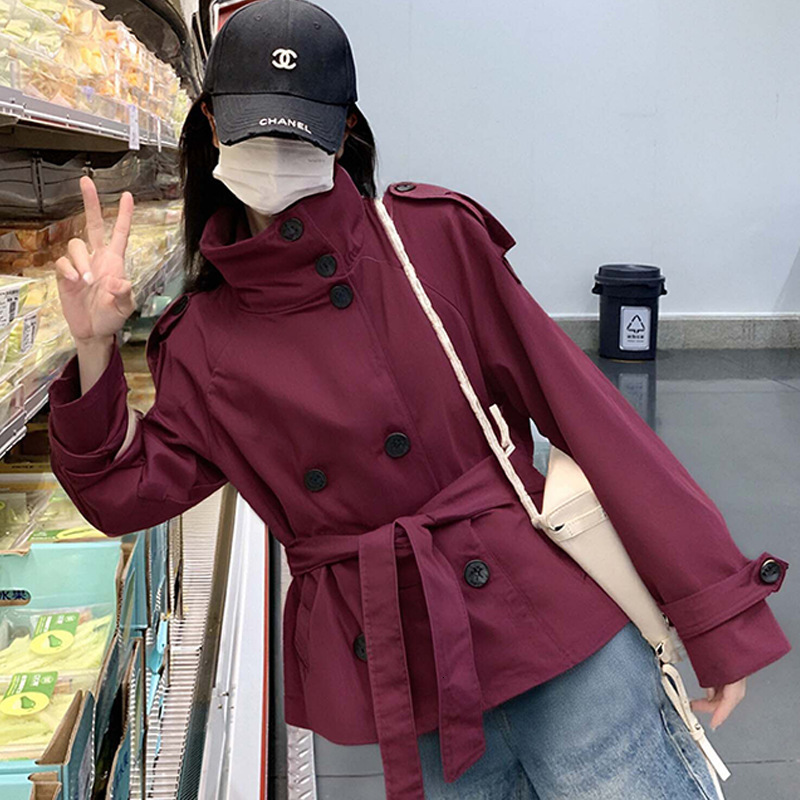 Fashion Belt Short Trench Coat Women Stand Collar Double Breasted Long Sleeve Jacket 2026 Spring Autumn Lady Street Outwear 251215 - view 7