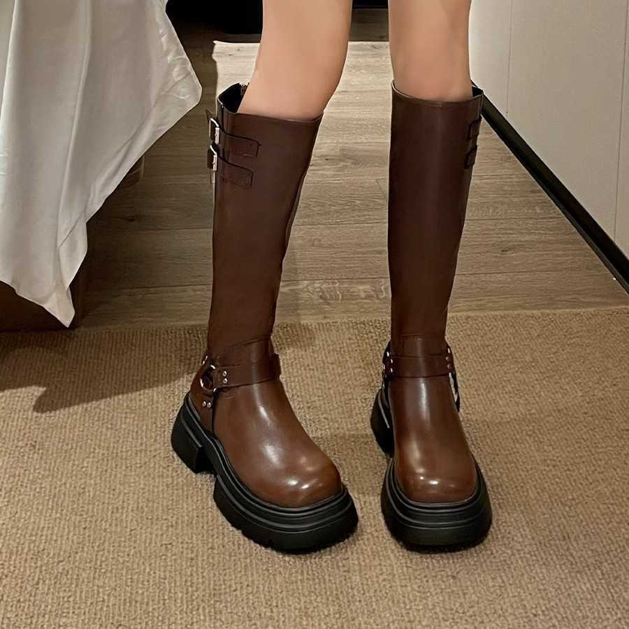 Fall/Winter New Style Ankle Boots for Women, Fashionable and Versatile, Retro Leather Buckle, Brown Color, Thick-soled Knight Boots H260828 - view 4