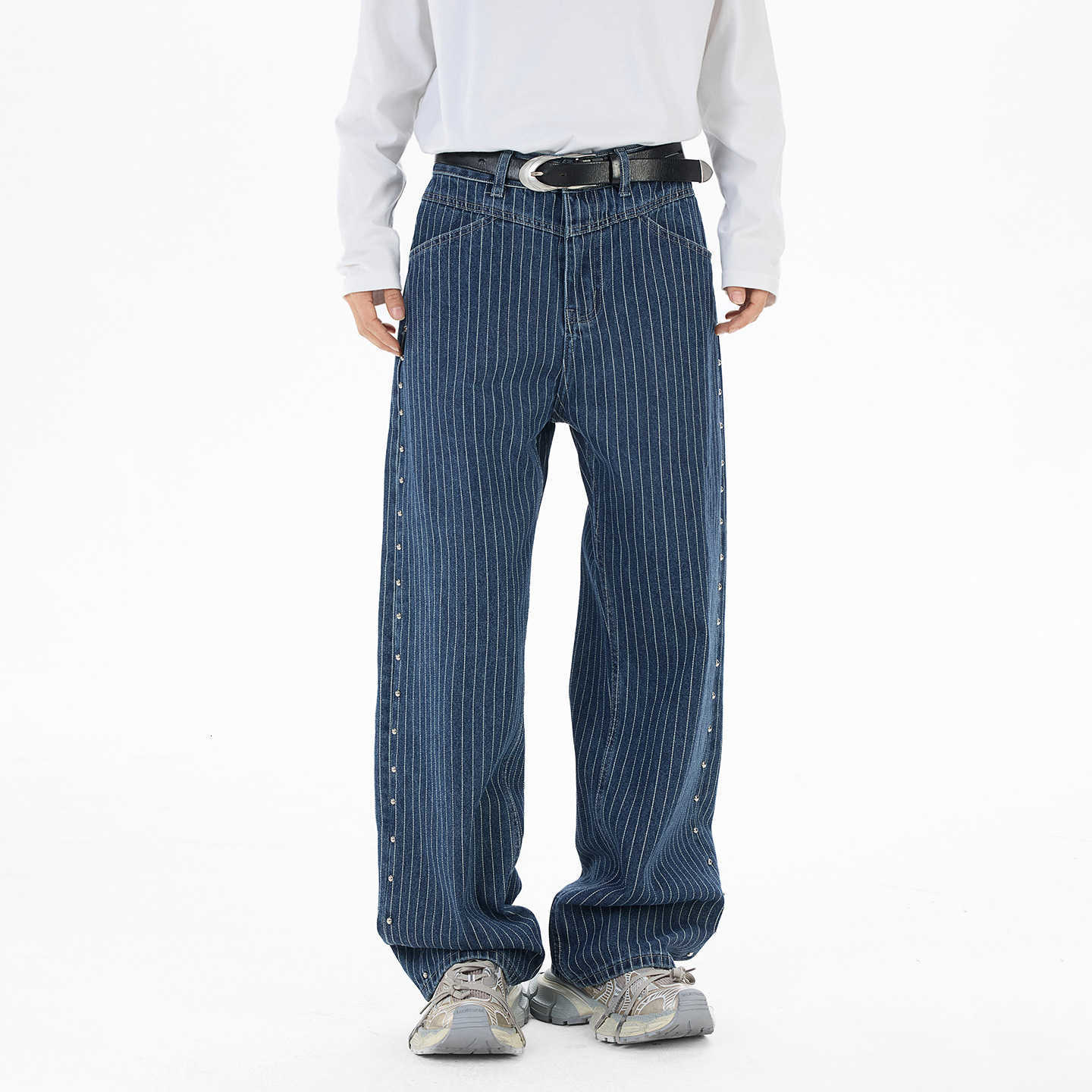 A trendy brand 2026 spring collection of American high street retro striped side-seam beaded jeans, straight-leg loose retro trousers W261009 - view 5