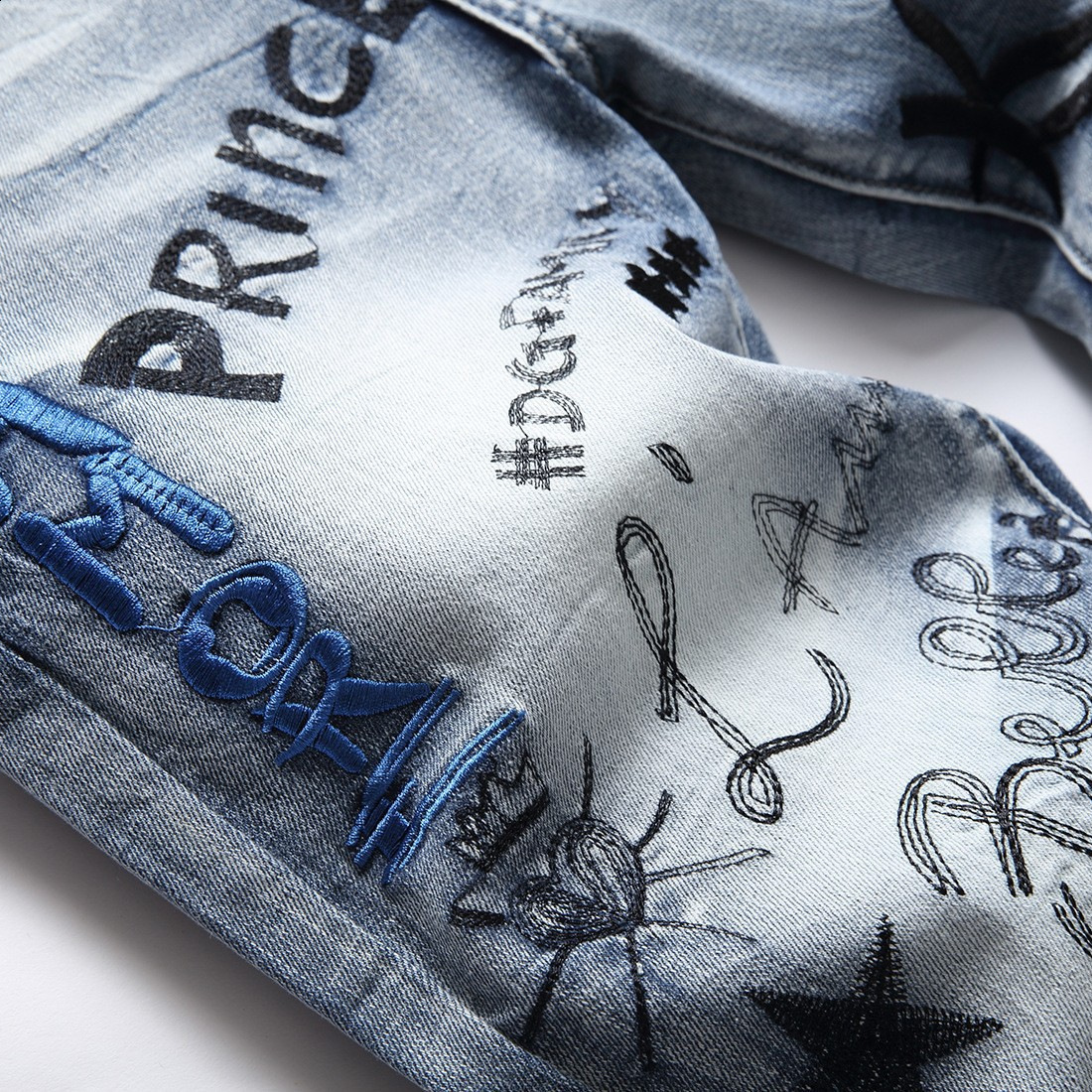 Men's Jeans Men Graffiti Print Denim Jeans Streetwear Letters Painted Stretch Pants Slim Tapered Trousers 231122 - view 5