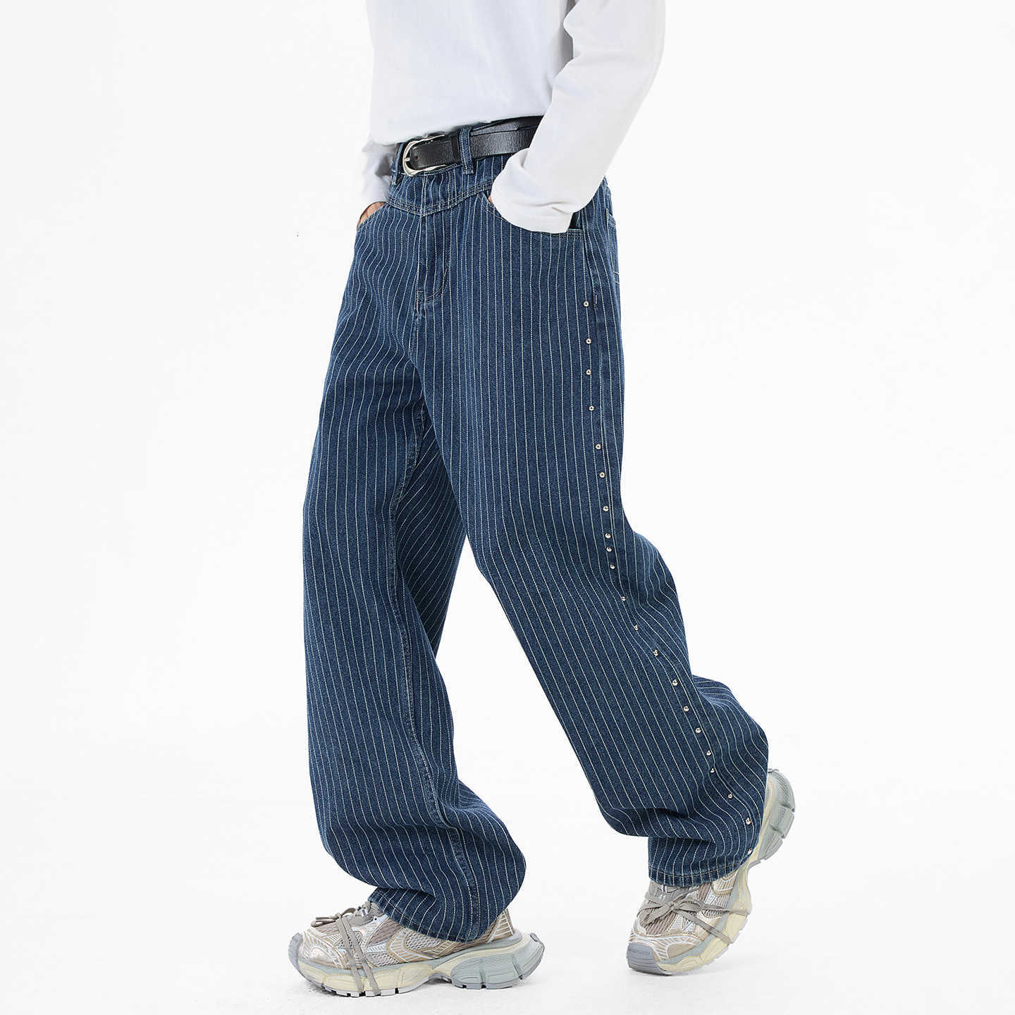 A trendy brand 2026 spring collection of American high street retro striped side-seam beaded jeans, straight-leg loose retro trousers W261009 - view 3