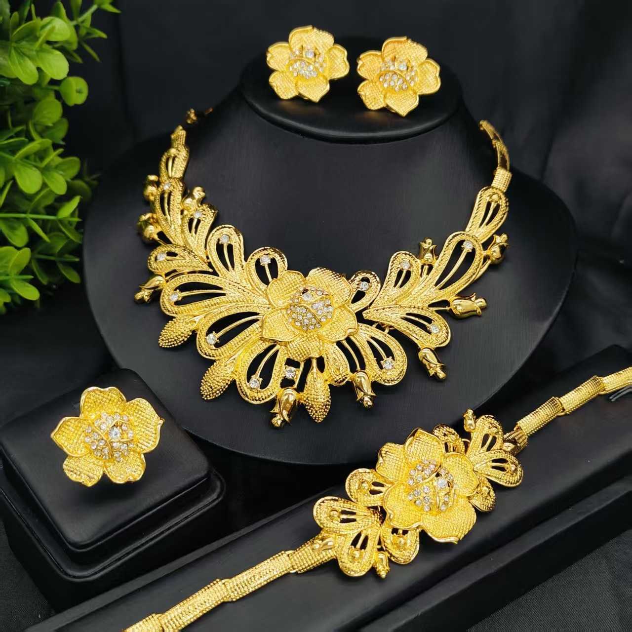 Jewelry set - Dubai flower necklace, earrings, bracelet, ring, jewelry set for Indian brides, necklace set for Indian brides Q261009