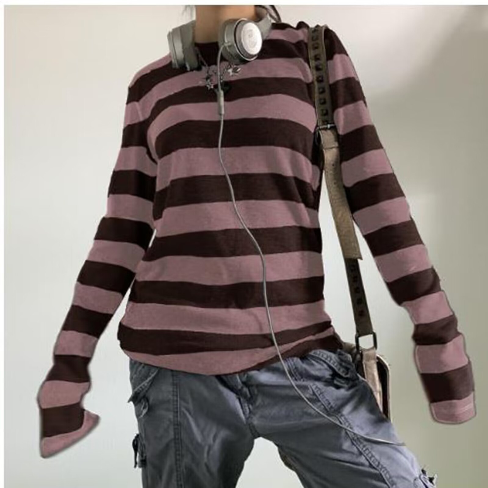 Y2k Teen Striped Long Sleeve TShirts Fairy Grunge Print Baggy Tops Vintage Harajuku 2000s EGirl Shirts Vintage Streetwear 260416 - view 3