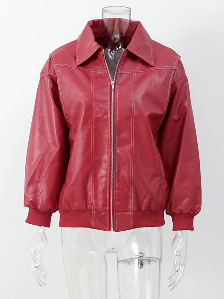 Women's Jackets Retro Burgundy Women Jacket Turn Down Collar Adjustable Cuffs Faux Leather Coat For Lady Autumn Street-style Female's - view 9