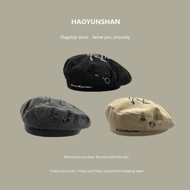 Berets Autumn Beret Fashion Embroidery Leatter French Style Vintage Painter Cap Female Ladies Solid Color Rivet 230804 - view 3