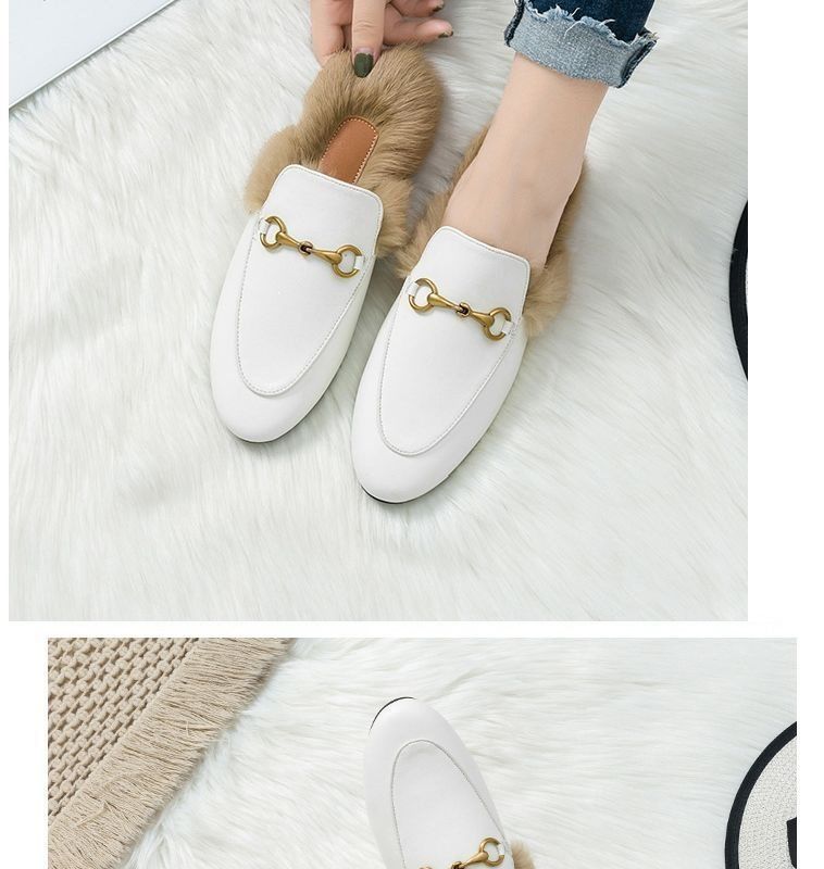 Women's Fuzzy Lined Leather Mules, Metal Buckle Backless Warm Slip-On Winter Flats - view 6