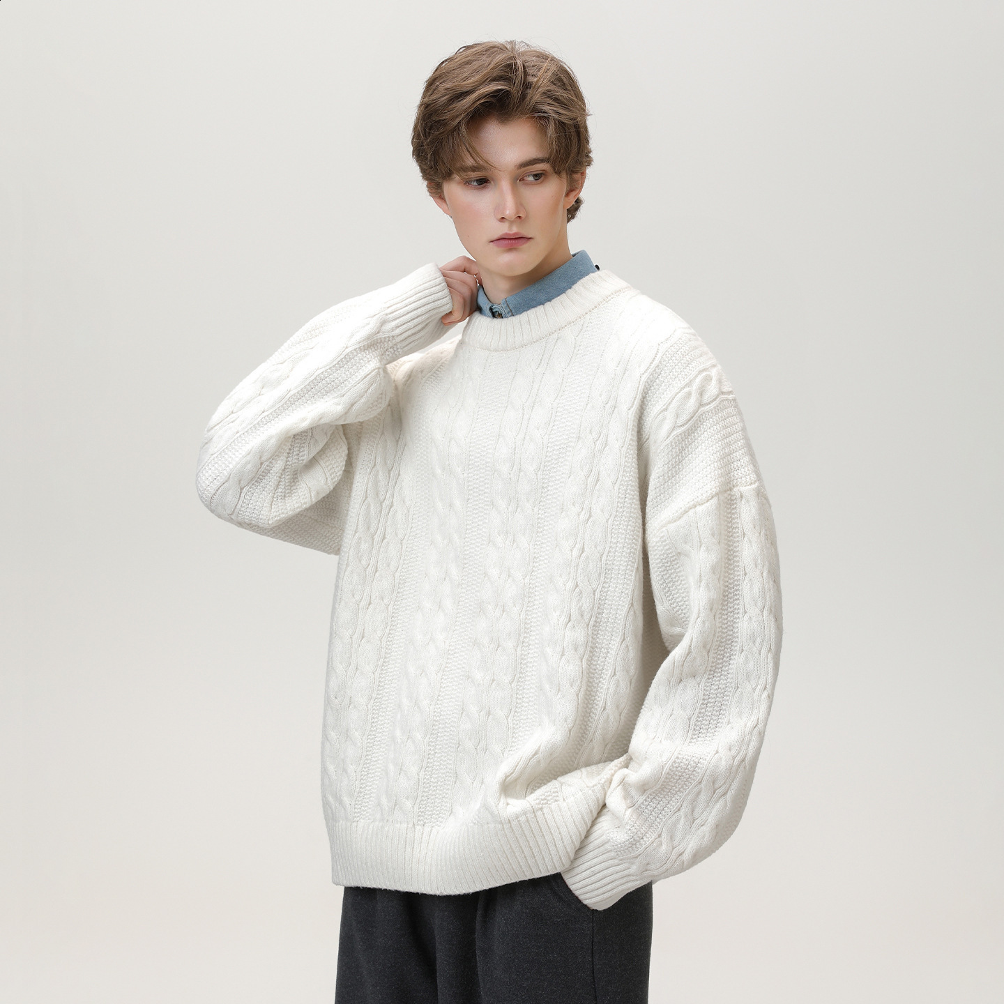 Milard Classic Knitted Brown Irish Pattern Solid Color Pullover Round Neck Hoodie Warm British Retro Sweater 241014