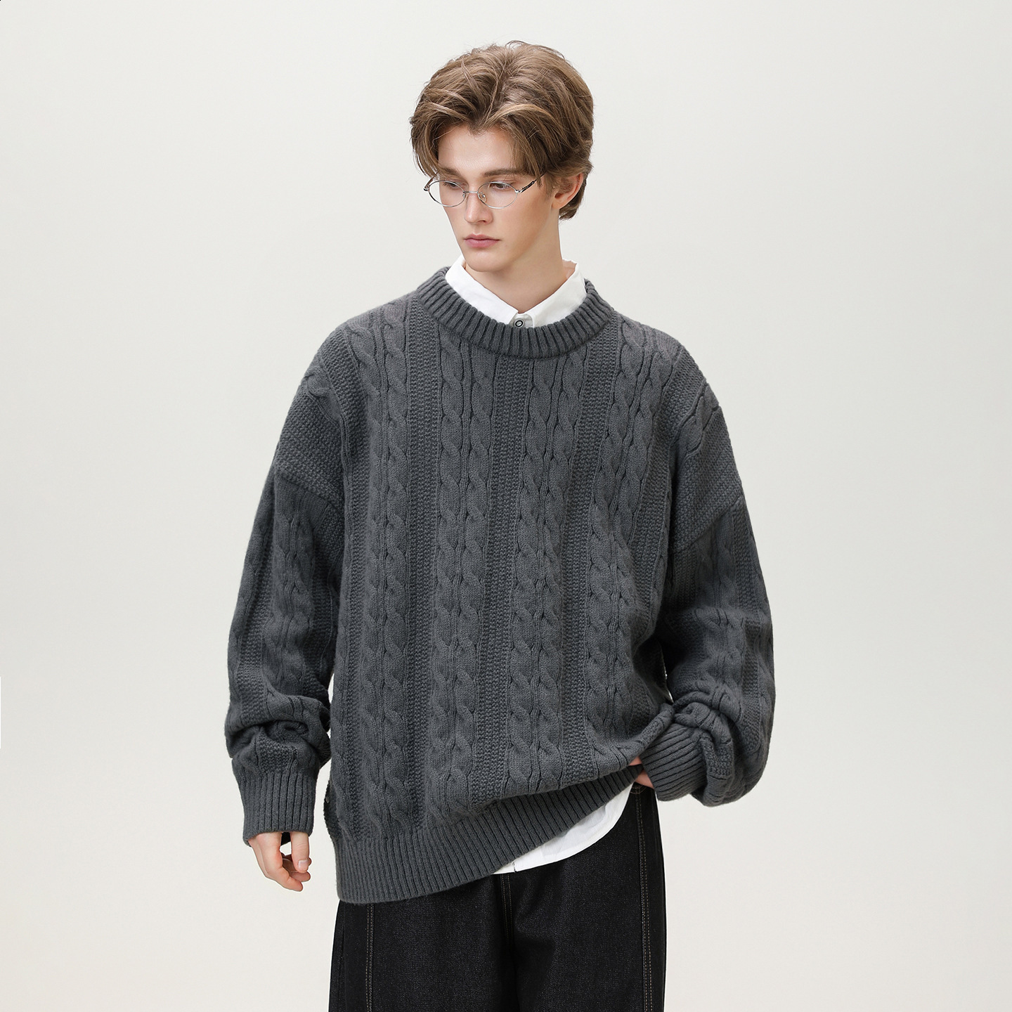 Milard Classic Knitted Brown Irish Pattern Solid Color Pullover Round Neck Hoodie Warm British Retro Sweater 241014 - view 3