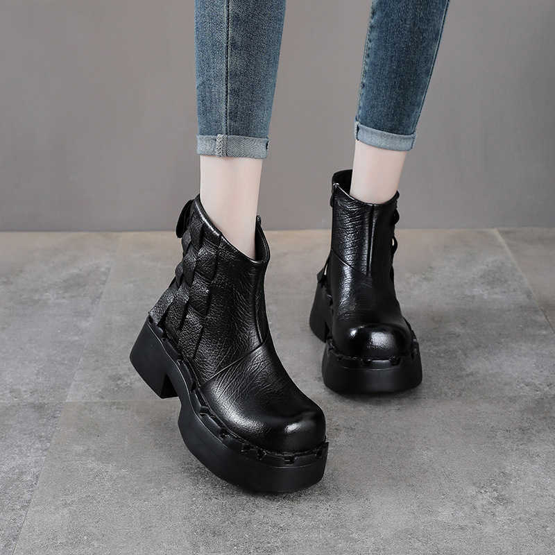 Retro genuine leather platform boots for women in autumn and winter, new style single boot, thick sole, high heel, small size, thick top layer cowhide - view 3