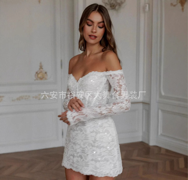 Sheath Column Modern Sexy Backless Chapel Wedding Dress Short Mini Lace Off Shoulder Ruffles Bridal Gown Free Customized 260806 - view 3