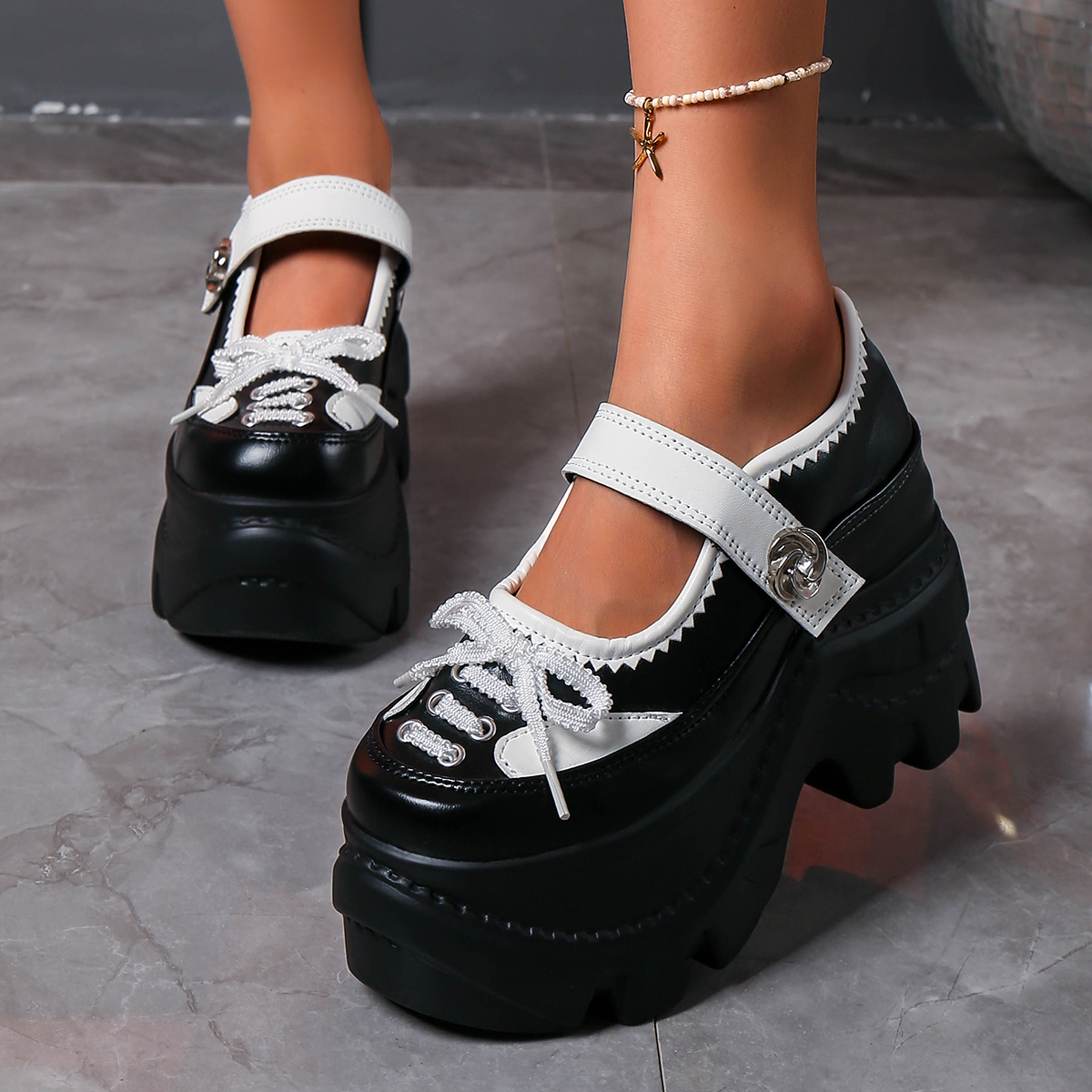 Soft leather women's daily versatile and comfortable high-heeled thick soled shoes Large Size Waterproof Design Mary Jane Shoes Round Toe Non-sli - view 4