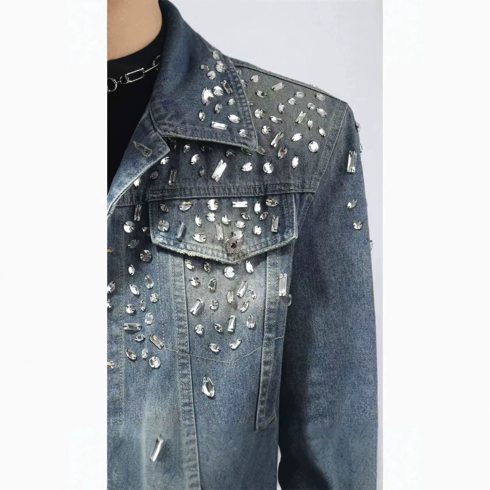 Retro Crystal Denim Coat Diamonds Beaded Jeans Bomber Jacket Cardigan Gemstones Cow Rhinestones Streetwear Tops Chaquetas 251013 - view 4