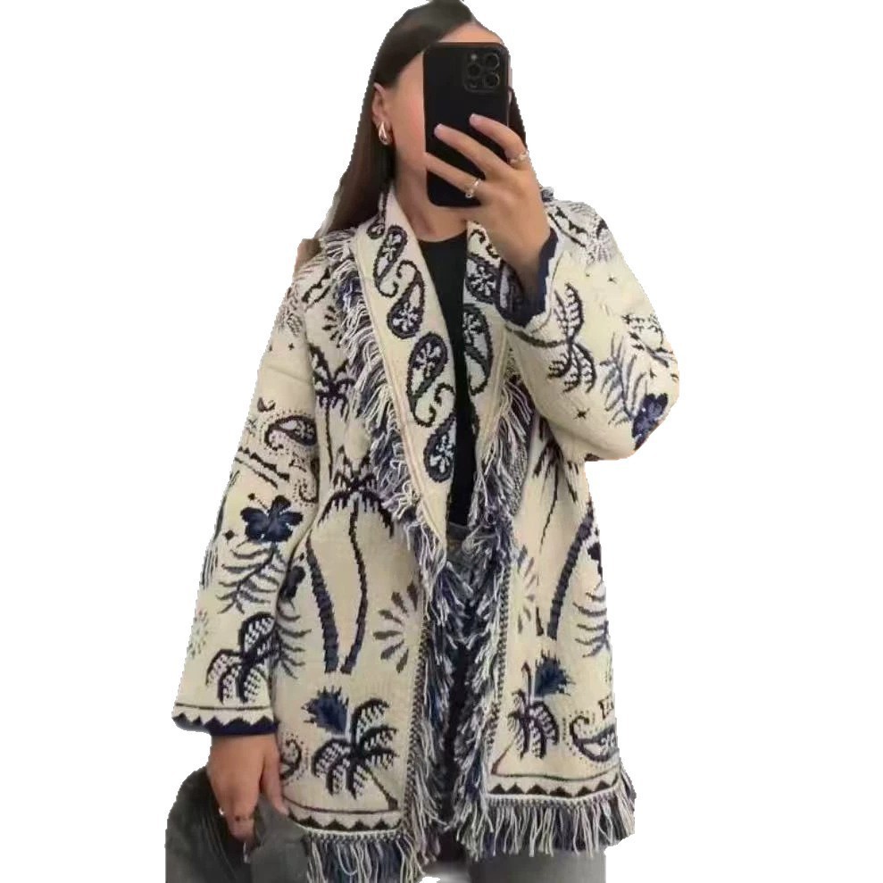AutumnWinter Boho Style Tassel Jacquard Cardigan with FreeSpirited Romantic Embroidery and Tie Detail MidLength 260114 - view 6
