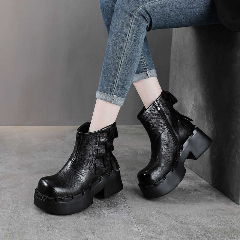 Retro genuine leather platform boots for women in autumn and winter, new style single boot, thick sole, high heel, small size, thick top layer cowhide - view 6
