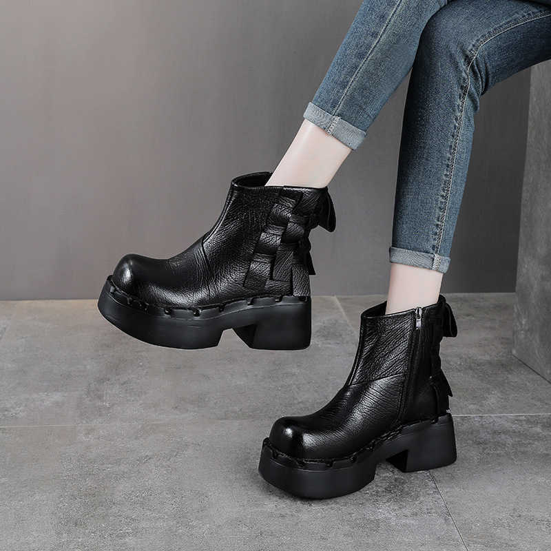 Retro genuine leather platform boots for women in autumn and winter, new style single boot, thick sole, high heel, small size, thick top layer cowhide - view 4