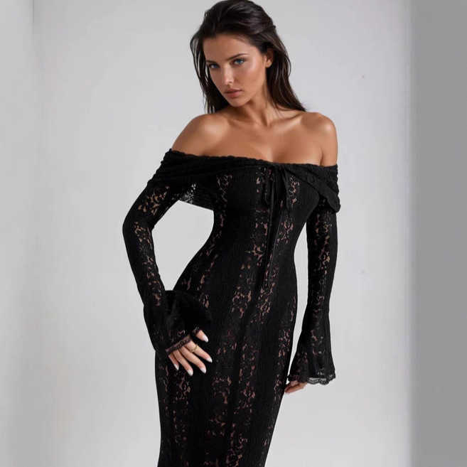 Casual Dresses Lace cutout off-shoulder bell-sleeve bodycon dress elegant and sexy strapless waist-cinching evening gown L2610124147 - view 7