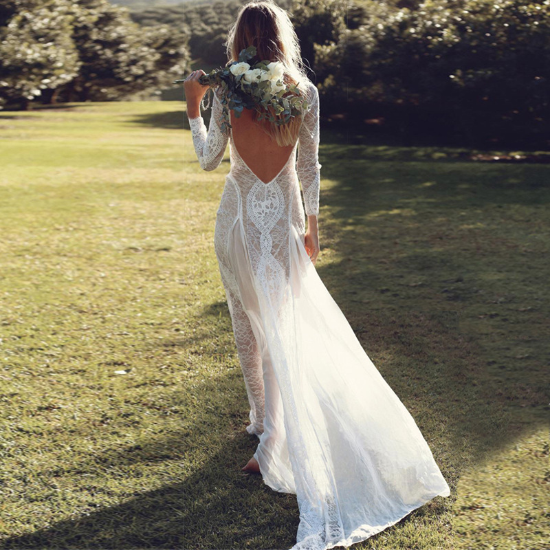 Fengqiu new women's dress long-sleeved lace sexy backless floor-length wedding gown long dress 260519 - view 3