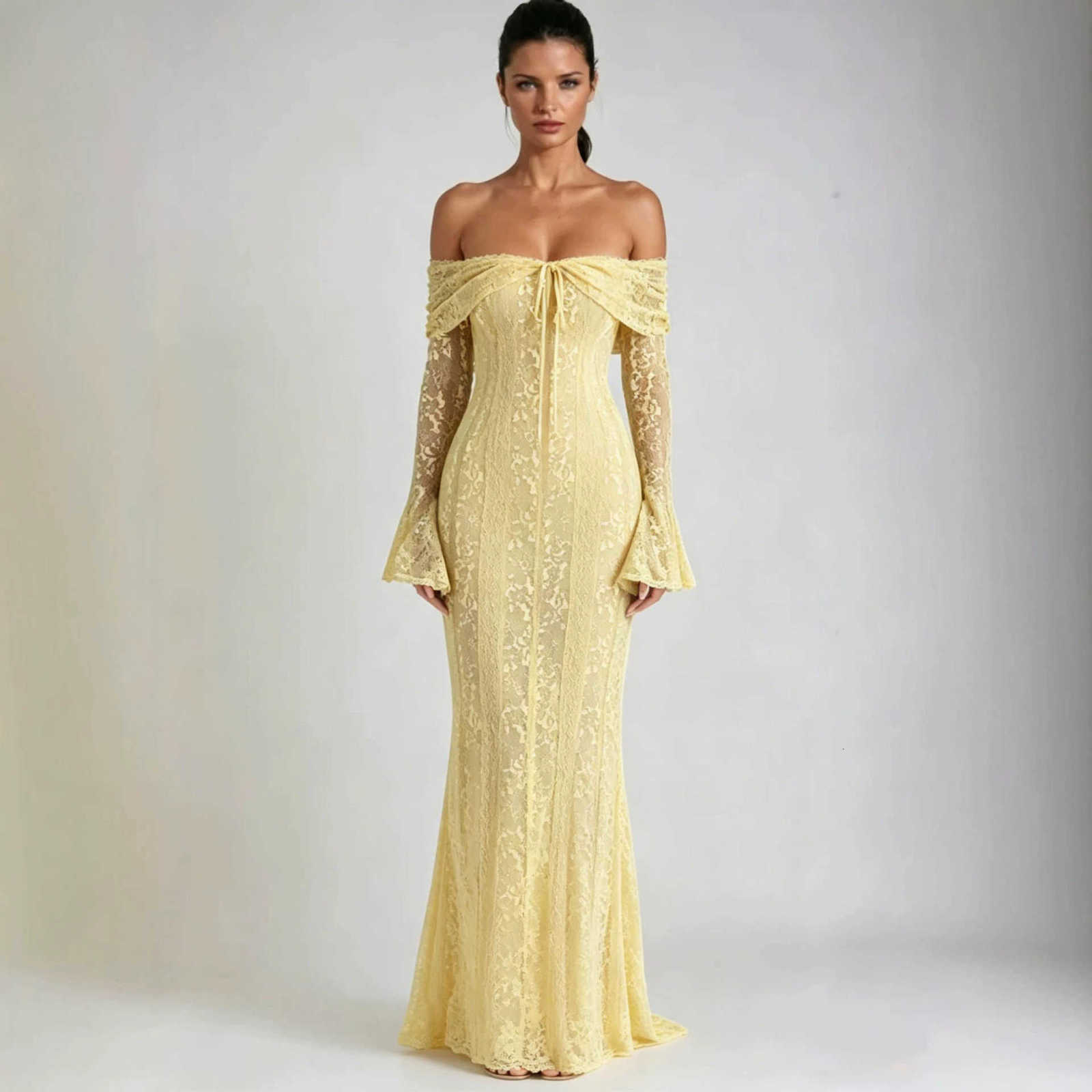 Casual Dresses Lace cutout off-shoulder bell-sleeve bodycon dress elegant and sexy strapless waist-cinching evening gown L2610124147 - view 5