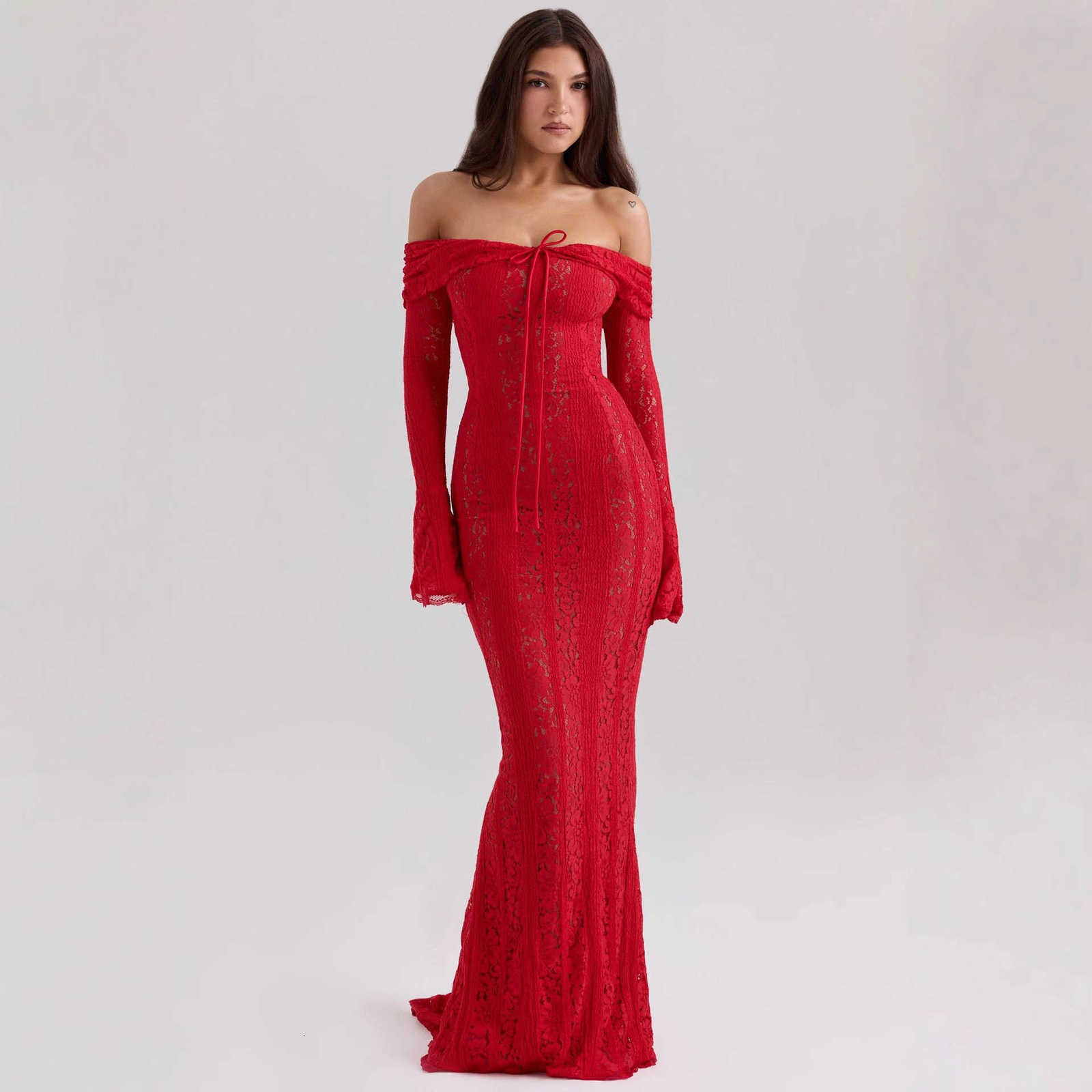 Casual Dresses Lace cutout off-shoulder bell-sleeve bodycon dress elegant and sexy strapless waist-cinching evening gown L2610124147 - view 4