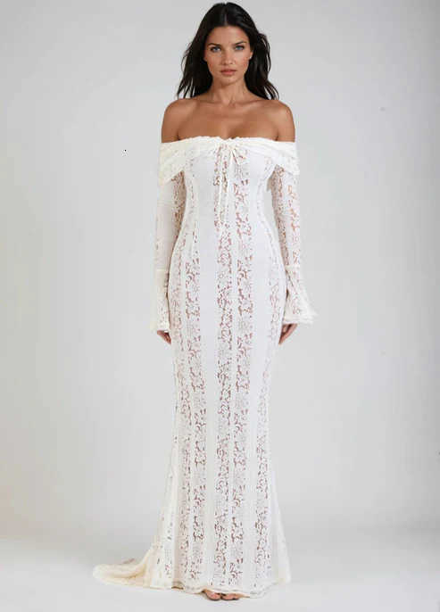 Casual Dresses Lace cutout off-shoulder bell-sleeve bodycon dress elegant and sexy strapless waist-cinching evening gown L2610124147 - view 8