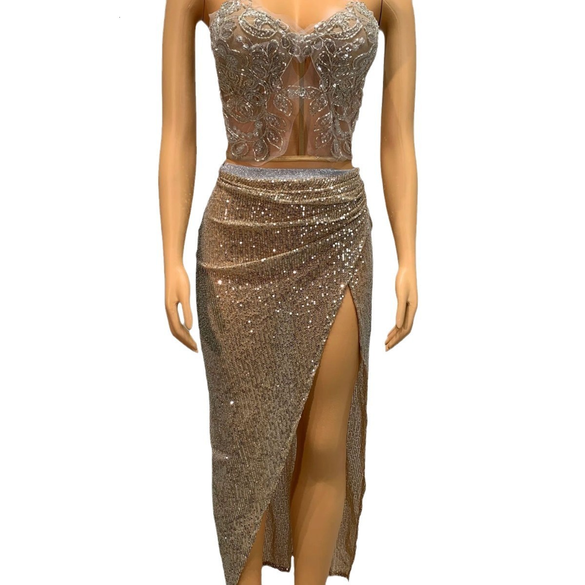 Women Two Pieces Set Sexy Strapless Evening Sparkly Sequin Beading Celebrate Nightclub Party Birthday Dress Stage Costume 260609BJ