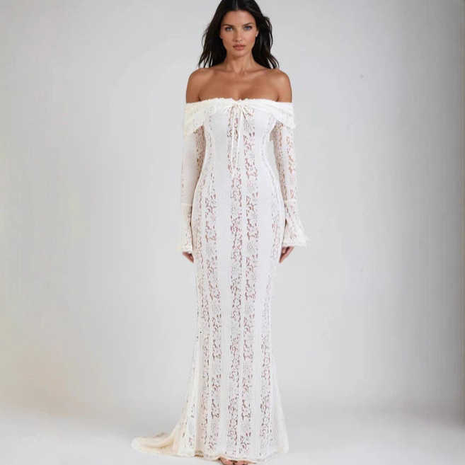 Casual Dresses Lace cutout off-shoulder bell-sleeve bodycon dress elegant and sexy strapless waist-cinching evening gown L2610124147 - view 3