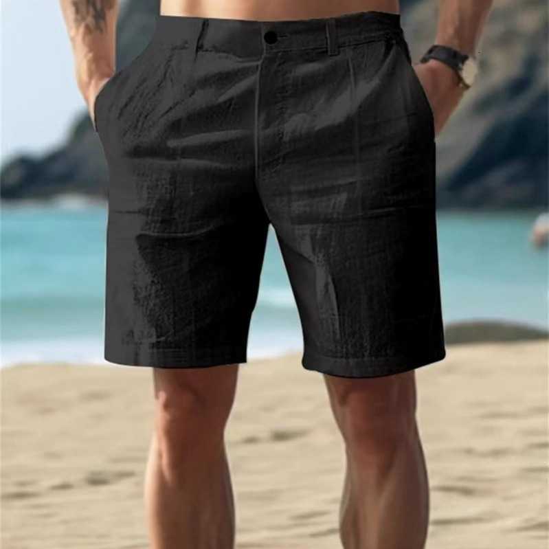 New men's cotton and linen summer solid color button beach daily outdoor breathable straight-leg casual shorts Z261013 - view 9