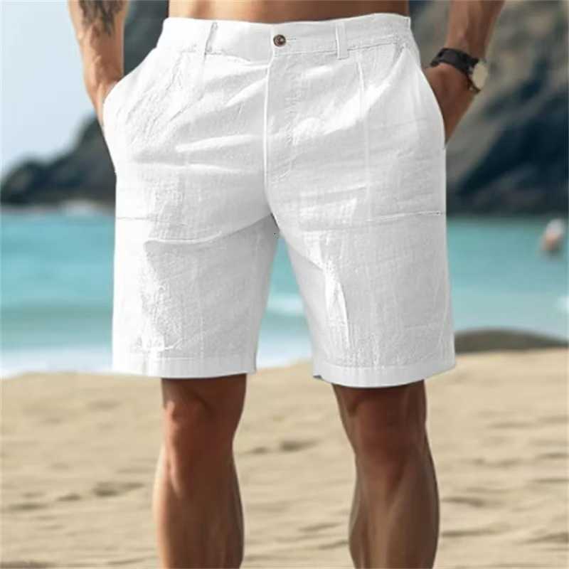 New men's cotton and linen summer solid color button beach daily outdoor breathable straight-leg casual shorts Z261013 - view 3