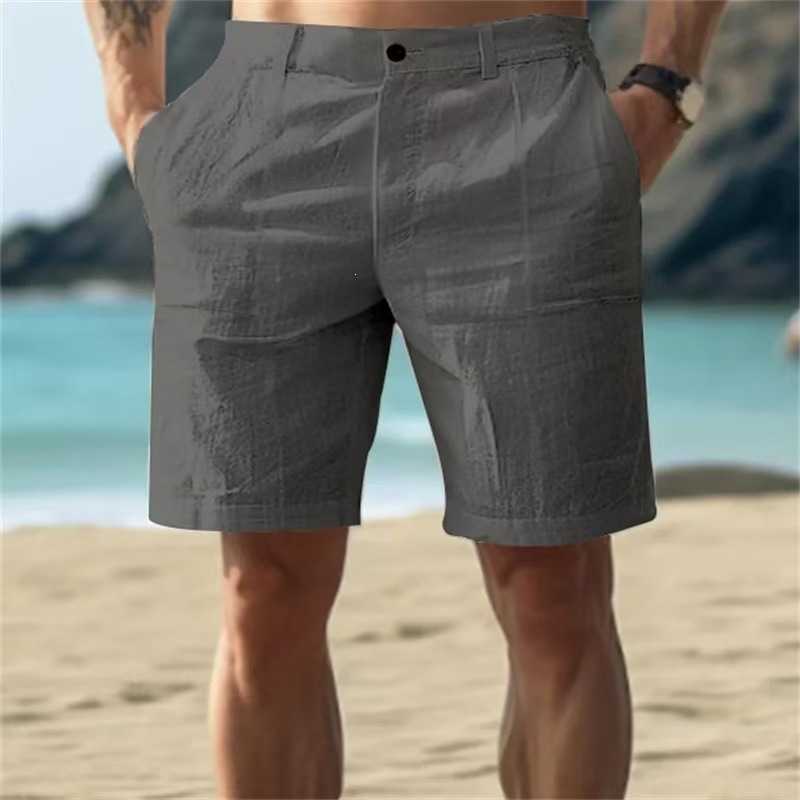 New men's cotton and linen summer solid color button beach daily outdoor breathable straight-leg casual shorts Z261013 - view 8