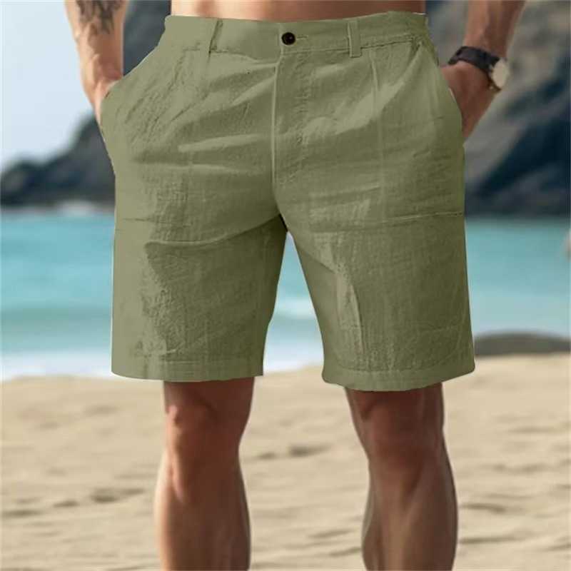 New men's cotton and linen summer solid color button beach daily outdoor breathable straight-leg casual shorts Z261013 - view 5