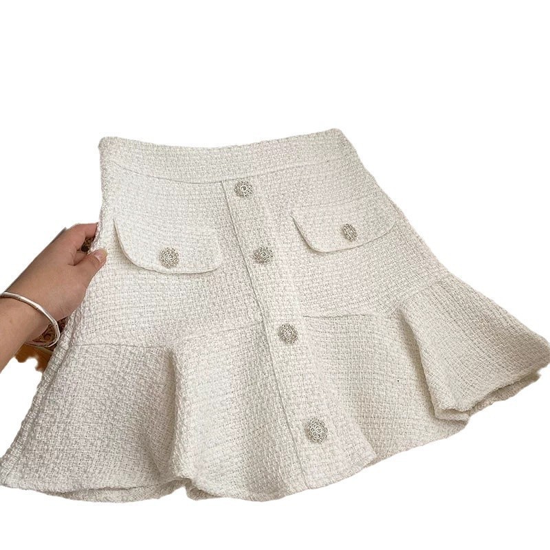 Skirts Yitimoky Tweed Skirts for Women High Waist White Skirt Autumn Winter Ruffles Korean Fashion Clothing Casual A-LINE Black 231129 - view 6