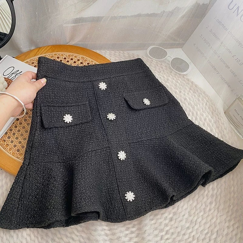 Skirts Yitimoky Tweed Skirts for Women High Waist White Skirt Autumn Winter Ruffles Korean Fashion Clothing Casual A-LINE Black 231129 - view 4