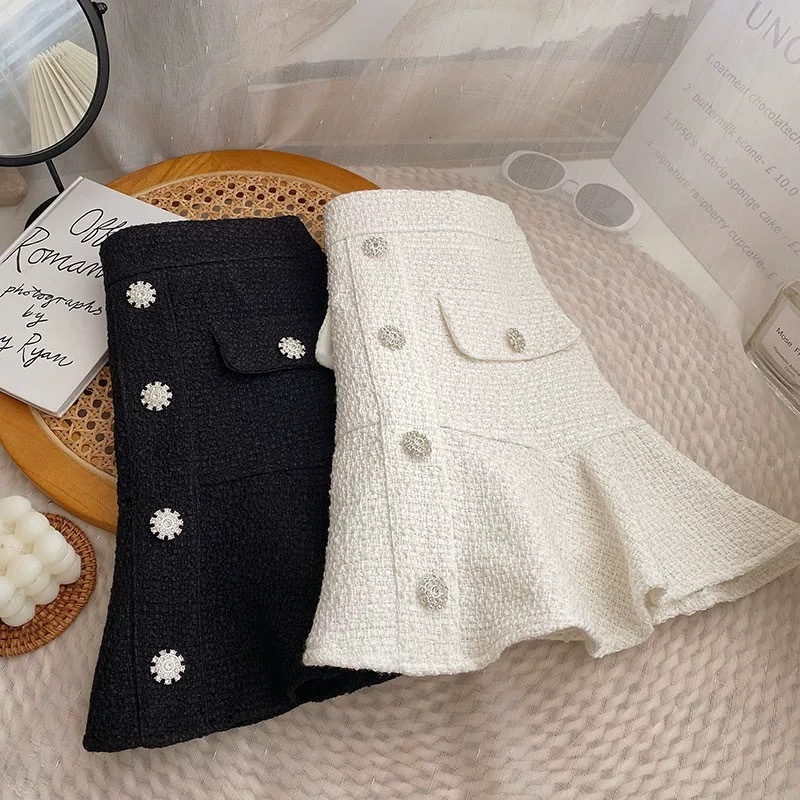 Skirts Yitimoky Tweed Skirts for Women High Waist White Skirt Autumn Winter Ruffles Korean Fashion Clothing Casual A-LINE Black 231129 - view 3