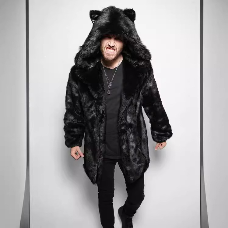 Selling Mens Thick Hooded Personality Winter MidLength Coat High Quality Faux Fur Coat 250916 - view 3