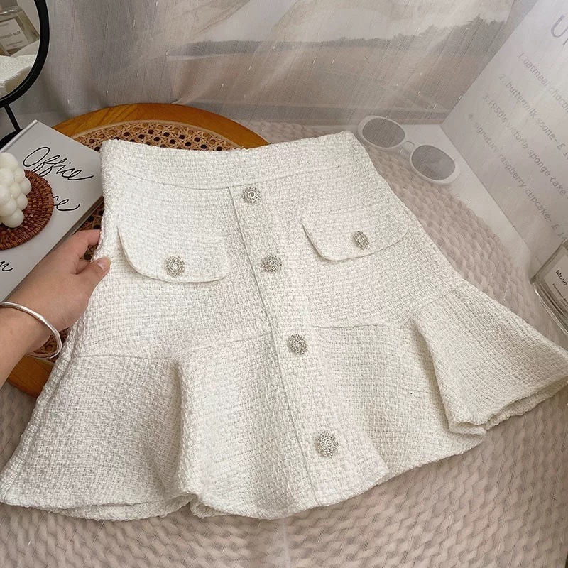 Skirts Yitimoky Tweed Skirts for Women High Waist White Skirt Autumn Winter Ruffles Korean Fashion Clothing Casual A-LINE Black 231129 - view 5