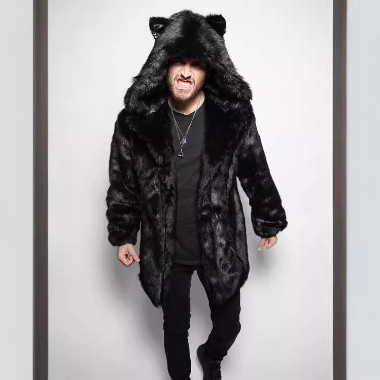 Selling Mens Thick Hooded Personality Winter MidLength Coat High Quality Faux Fur Coat 250916 - view 4